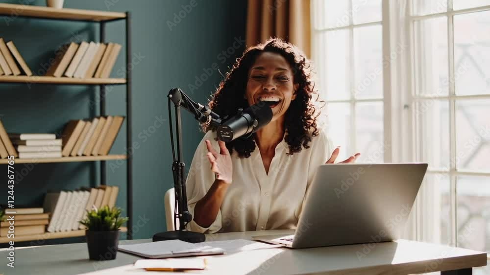 Poster Female podcaster recording audio content, speaking passionately into microphone while making expressive hand gestures in dynamic slow motion sequence within home studio environment