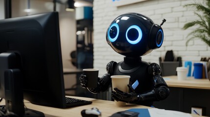 Seated in an office, a futuristic robot or cyborg clutches a cup of tea. 3D Render