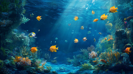 Fish school, underwater seabed landscape. Vector ocean bottom with seaweeds and swirl shoal of fish silhouettes in blue water background. Aquatic shoal life, marine nature, flora and fauna