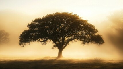 Obraz premium Solitary Oak in Golden Mist: A Serene Sunrise Landscape