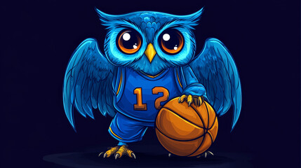 Blue owl player cartoon character standing with basketball ball under a wing on dark green background, suited for sporting team emblem or mascot design
