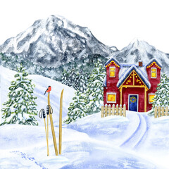 Mountain winter landscape with forest, trees and decorated house, skis. Hand drawn watercolor illustration isolated on background. For decor, postcards, posters, design, advertising.