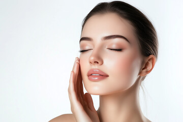 Attractive woman with flawless skin gently touching her face