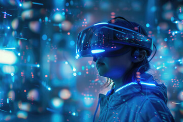 A futuristic soldier in a glowing blue armor surrounded by digital holograms, focused on a mission