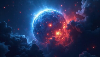 Fiery blue hypergiant exploding, expanding gaseous remnants, stars, expanding