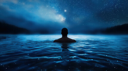 Obraz premium A man is swimming in a lake at night