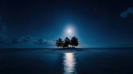 A small island with palm trees and a moon in the sky