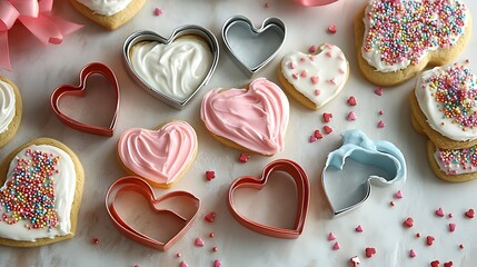 Valentine's baking station with heart shaped cookie cutters colorful sprinkles and frosted treats styled for creative fun