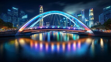 Obraz premium A bridge made to stand out crosses a river lit in neon, reflecting the buildings of a cyberpunk world