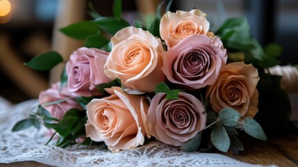 Obraz premium A bouquet of pink and orange roses is displayed on a lace tablecloth