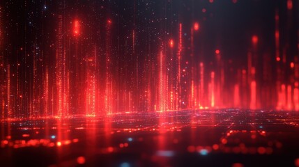 Abstract digital landscape with glowing red vertical lines and reflections.