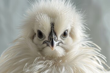 Close up of beautiful white chicken, with detailed feathers,shot in nature with beautiful bokeh