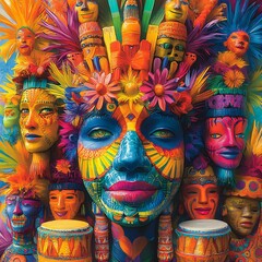 Obraz premium A kaleidoscope effect featuring repeating patterns of carnival masks, samba drums, and maracas in bright and festive colors