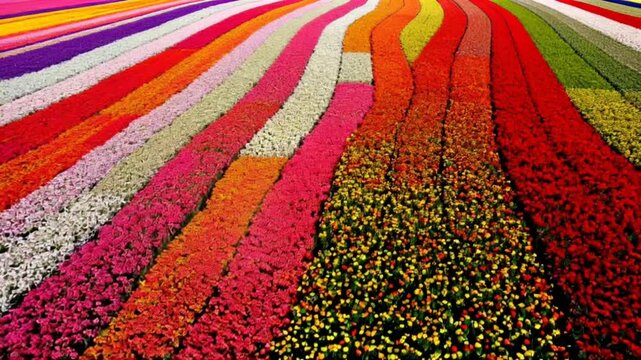 Vivid multicolored flower fields blooming in parallel rows. Nature concept