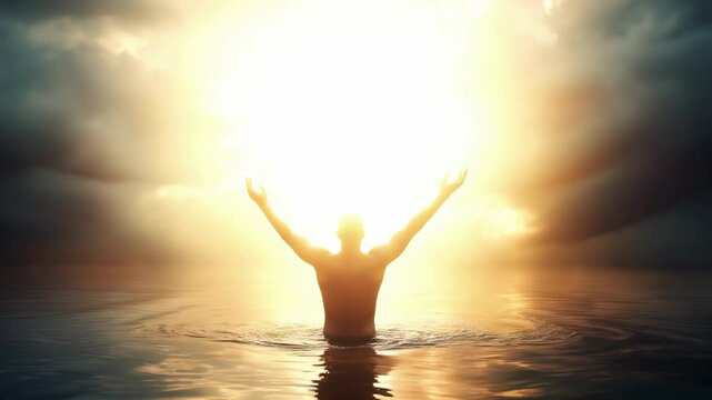 Baptism a symbol of spiritual rebirth and faith with silhouette in water under divine light