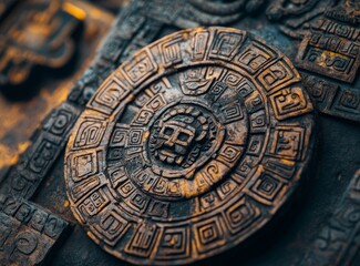 Obraz premium On 15_04_2023, at the National Anthropology Museum in Mexico City, Mexico, discover the Aztec Sun Stone, or Calendar Stone, which captures Aztec cosmological and religious symbols