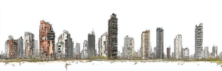 Obraz premium A cut-out PNG of a city's skyline in a post-apocalyptic state with ruined edifices