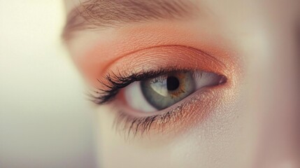 Close-up of a Woman's Eye with Peach Makeup