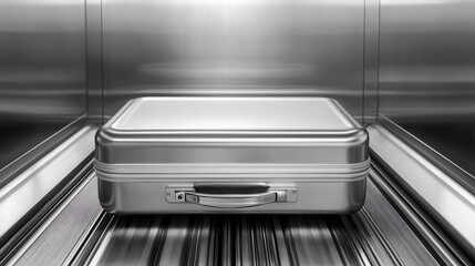 Metallic Suitcase on a Conveyor Belt Inside a Sleek Stainless Steel Elevator