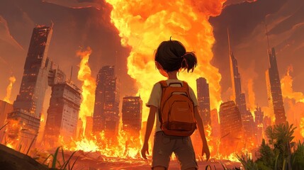 Obraz premium A young observer watches a city burn in the distance, encapsulating defeat and the end