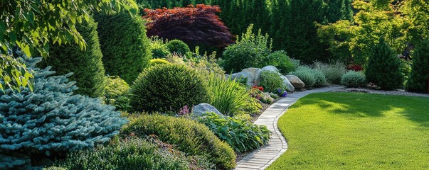 Man strolling in a lush green formal garden