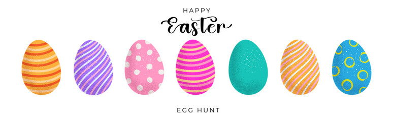 Easter eggs hunt, grainy  textured illustration, colourful eggs,  elements, decor, vector