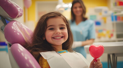Little girl smiles broadly while holding a tooth shaped balloon in a bright dental clinic. National Dentist Day. Greeting for the dentist. With copy space
