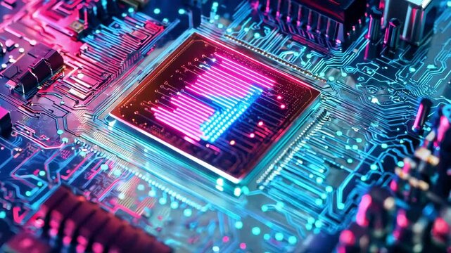 Close up of a computer chip featuring bright colors and detailed circuitry that showcases advanced technology and design