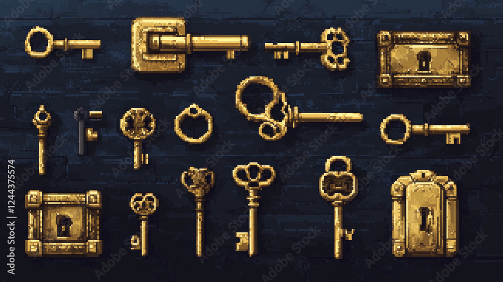Fototapete vintage golden keys and padlocks. pixel art 8bit game icons, door lock and keys. vector vintage elem