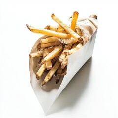 fries, dramatic lighting, ultra-realistic textures, set against white background,