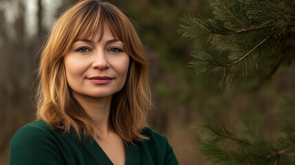 Naklejka premium Elegant Woman with New Year Aesthetics by Christmas Tree