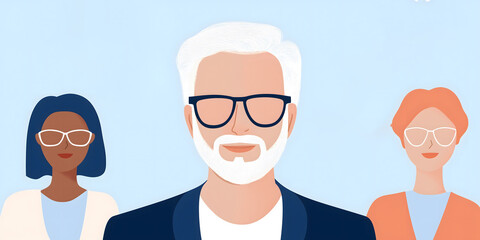 Obraz premium Modern illustration of diverse professionals wearing glasses, symbolizing leadership, teamwork, expertise, and collaboration, ideal for business, corporate branding, or educational projects