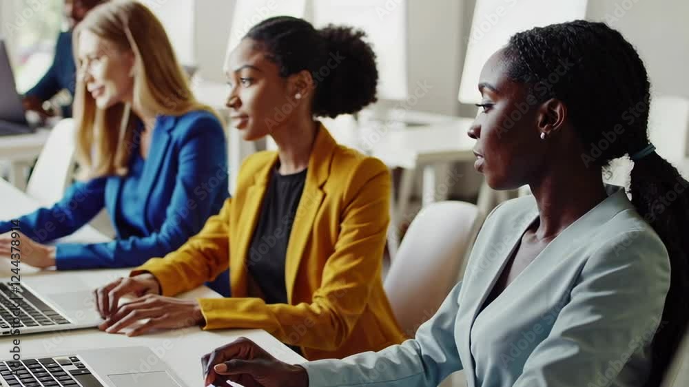 Poster multi ethnic businesswomen team collaborates on a project in a modern office, working together on la