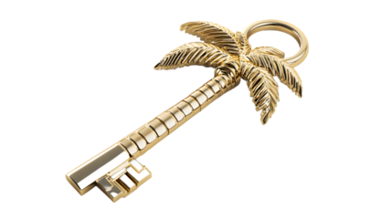 golden key with a chain on white or transparent background