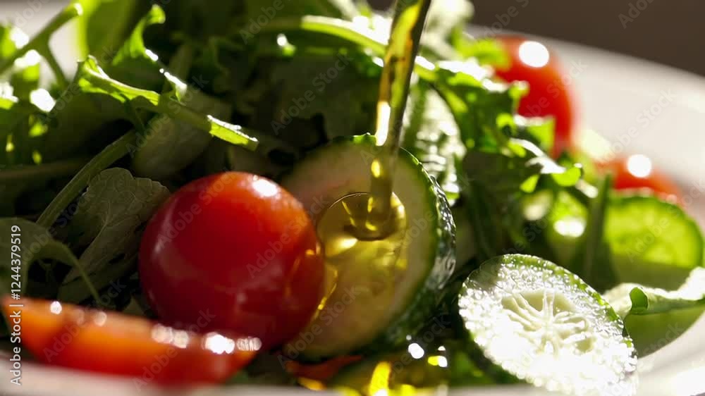Poster golden oil is poured onto a fresh salad composed of arugula, cherry tomatoes, and cucumber slices in