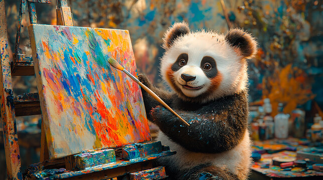 A panda holding a paintbrush and painting