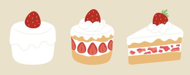 Set of strawberry cake in various styles. Concept of sponge cake, bakery, sweet tooth, cafe, strawberry shortcake, delicious dessert. Flat vector illustration