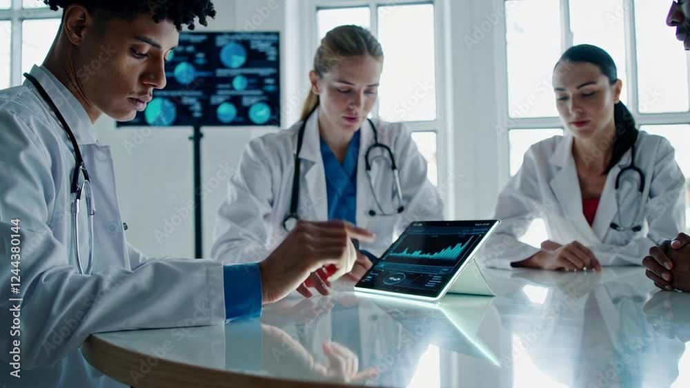 Aufkleber Diverse medical professionals collaborate, examining data on a tablet, discussing diagnoses and treatment plans in a modern hospital setting, captured in slow motion