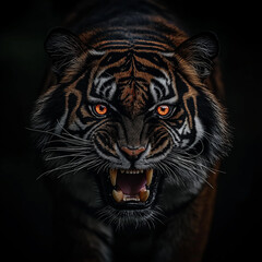 Obraz premium Furchtloser schwarzer Tiger mit leuchtenden Augen in Aktion 