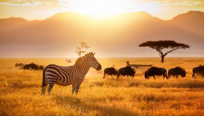 Vivid African Savanna Sunrise with African Wild Zebras and Wildebeest, Capturing the Intense Heat of Tanzanias Wild Nature