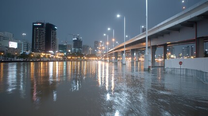 Fototapeta premium City flood at night, highway, buildings, reflections, water