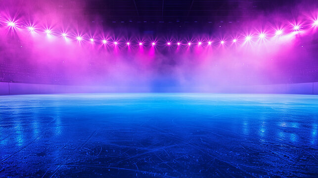 Ice Rink Background. Professional Arena illuminated blue, pink neon lights, spotlights with smoke. Copyspace. Winter poster for hockey competitions. Ice skating. Stadium
