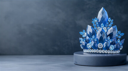 A striking blue crown is elegantly perched atop a vibrant blue podium, creating a stunning visual display of color and craftsmanship, copy space