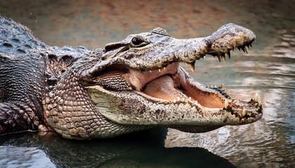 Obraz premium Intense Aggression Closeup of a Grungy Crocodile Revealing Menacing Teeth and Scale Patterns in a Dark, Mysterious Swamp at Dusk