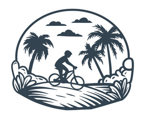 Monochrome vector illustration depicting a cyclist riding through a lush tropical landscape filled with palm trees and exotic flora under a clear sky, conveying tranquility and adventure