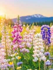 Fototapeta premium Vibrant meadow of pink, purple, and white lupine flowers in full bloom under the golden sunset, surrounded by wildflowers and a mountain landscape, nature beauty concept