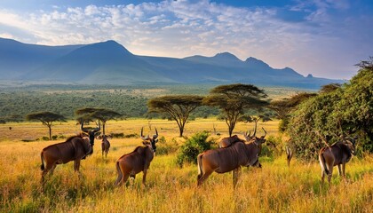 Naklejka premium Verdant Vista of Akagera National Park at Dusk, Showcasing the Serene Beauty of Wild Rwanda with Lush Greenery, Majestic Savannah, and a Glimpse of its Prolific Wildlife.