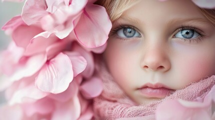 A Little Girl's Serene Gaze Amidst Delicate Pink Petals