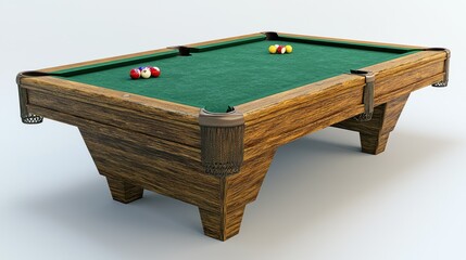 Wooden pool table with balls on a white background.  Possible use  Sports, leisure, and recreation