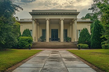 Grand neoclassical mansion on a lush green lawn.
